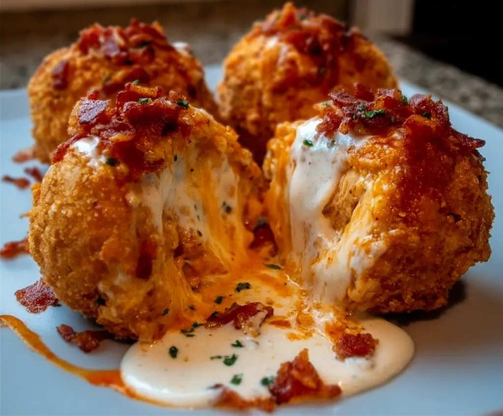 Delicious Buffalo Chicken Bacon Mozzarella Bombs served hot with melted cheese and crispy bacon.