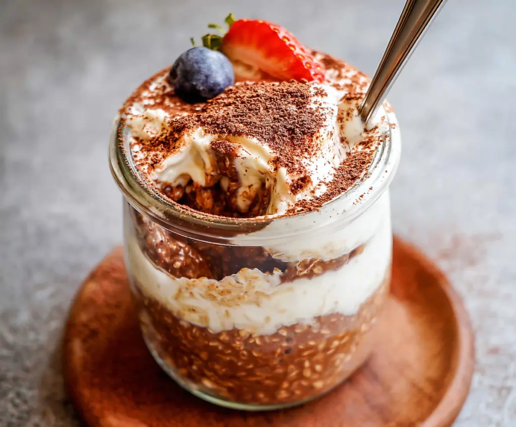 Creamy Tiramisu Overnight Oats with cocoa powder and mascarpone cheese in a glass jar
