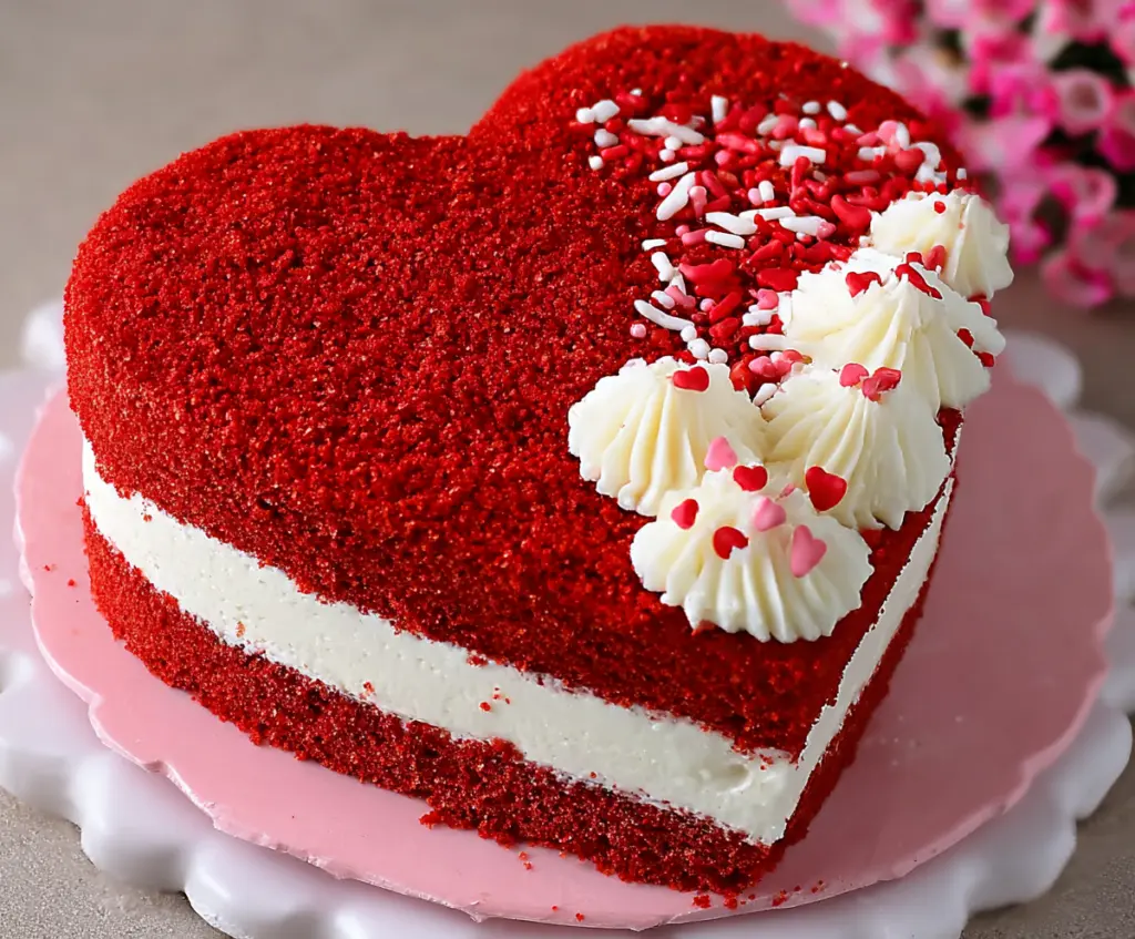 Delicious Valentine's Heart Red Velvet Cake garnished with cream cheese frosting and chocolate decorations.
