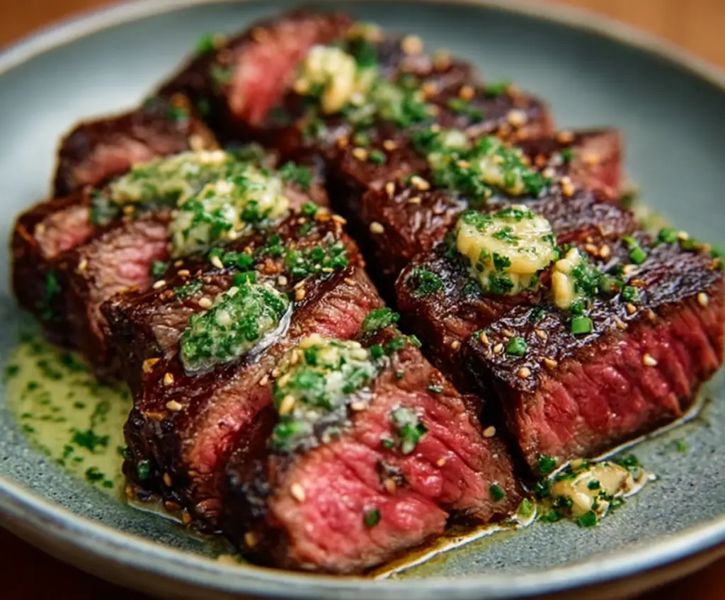 Juicy Wagyu steak topped with melted garlic butter on a elegant plate.