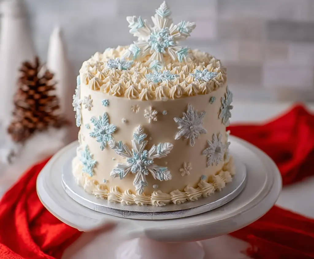 Delicious Winter Vanilla Snowflake Cake with white frosting and snowflake decorations, perfect for the holiday season.