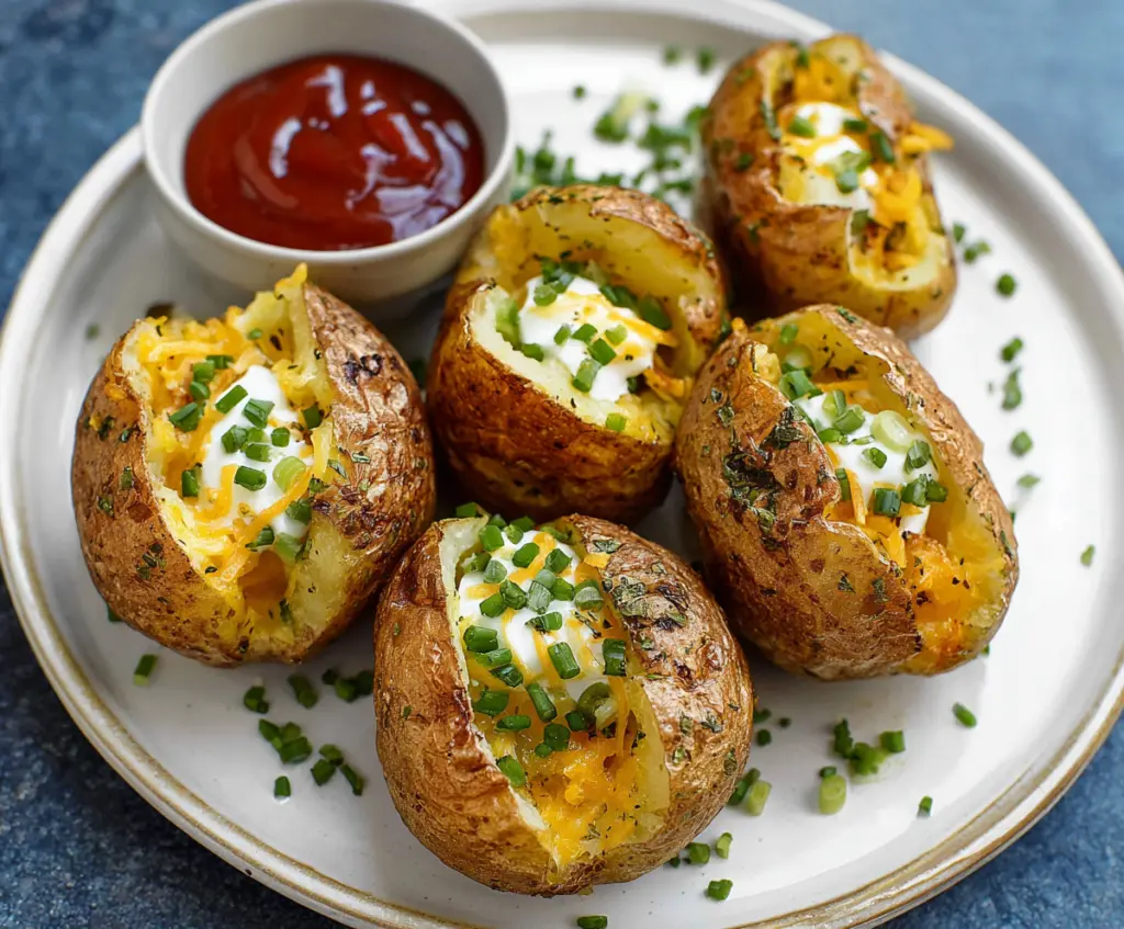 Delicious Air Fryer Mini Baked Potato Bites topped with herbs and cheese, perfect as a snack or appetizer.