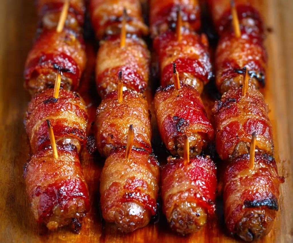 Delicious bacon-wrapped Little Smokies served on a platter for party appetizers.