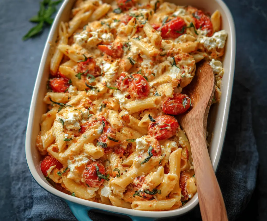 Delicious baked feta pasta dish with cherry tomatoes and fresh herbs on a rustic wooden table.