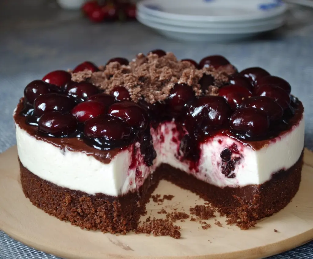 Delicious Black Forest Cheesecake with cherry topping and whipped cream on a white plate