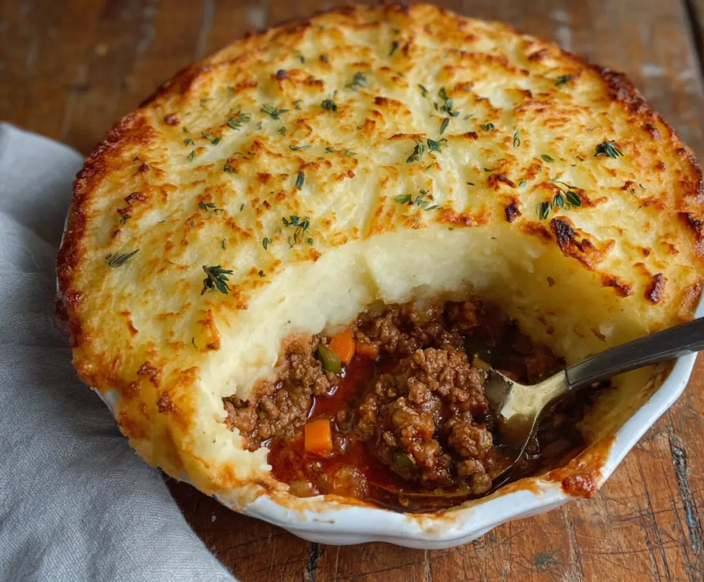 Delicious classic Shepherd's Pie with minced meat topped with mashed potatoes and golden crust.