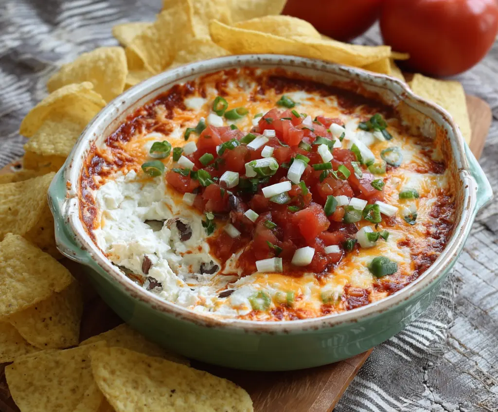 Cream Cheese Salsa Dip served with fresh tortilla chips, perfect for parties and snacking.