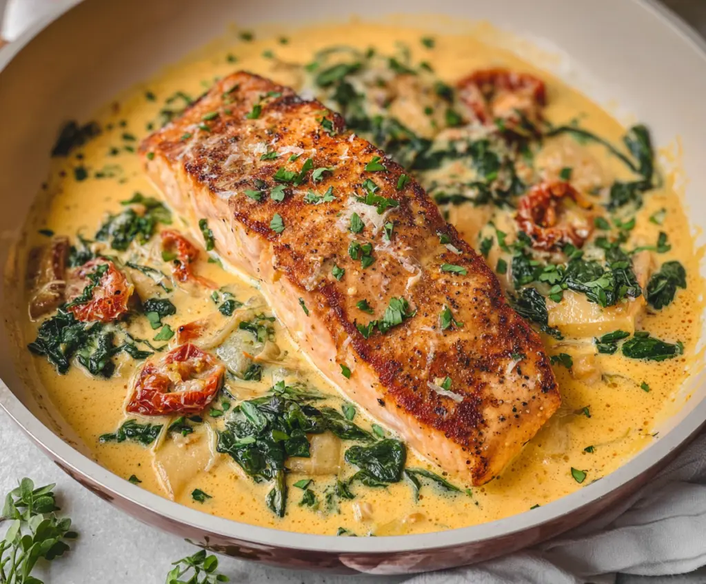 Creamy Tuscan Salmon with spinach and sun-dried tomatoes on a plate