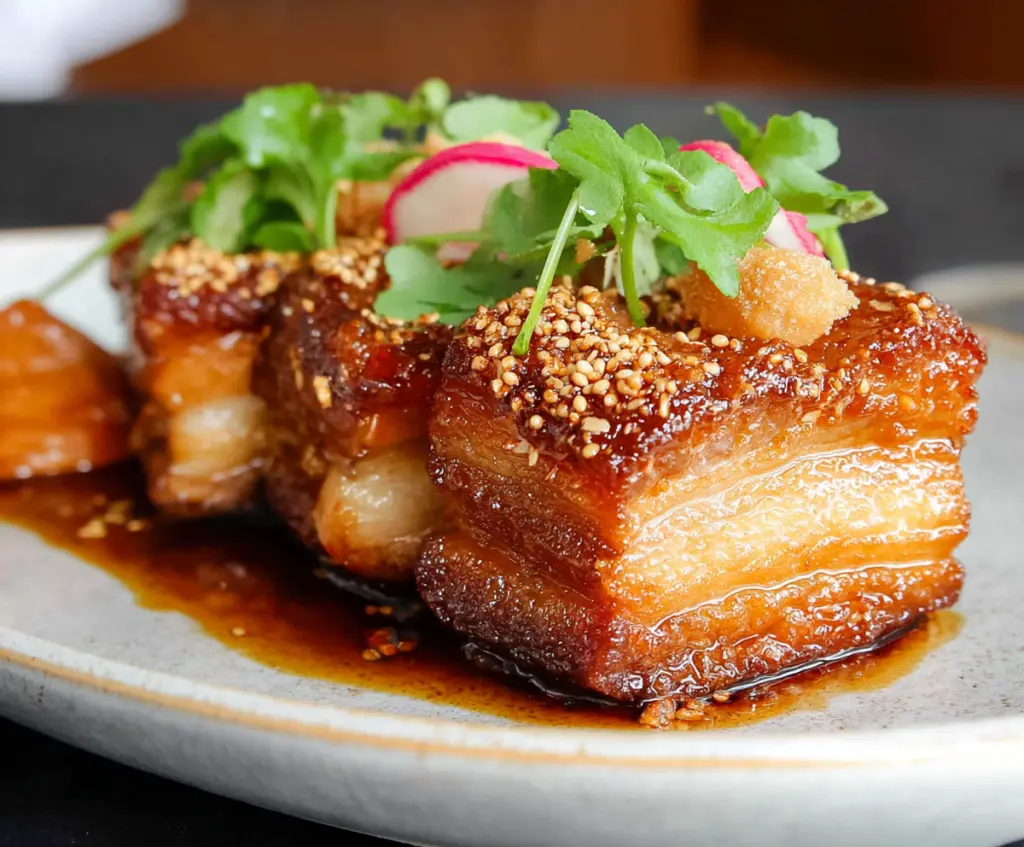 Delicious crispy pork belly with golden crispy skin and tender meat, perfect for a savory meal.