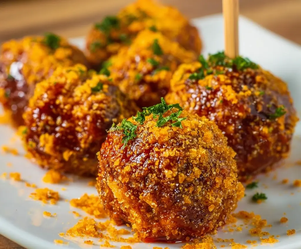 Delicious Dorito Meatballs served on a plate, perfect for snacking or party appetizers.