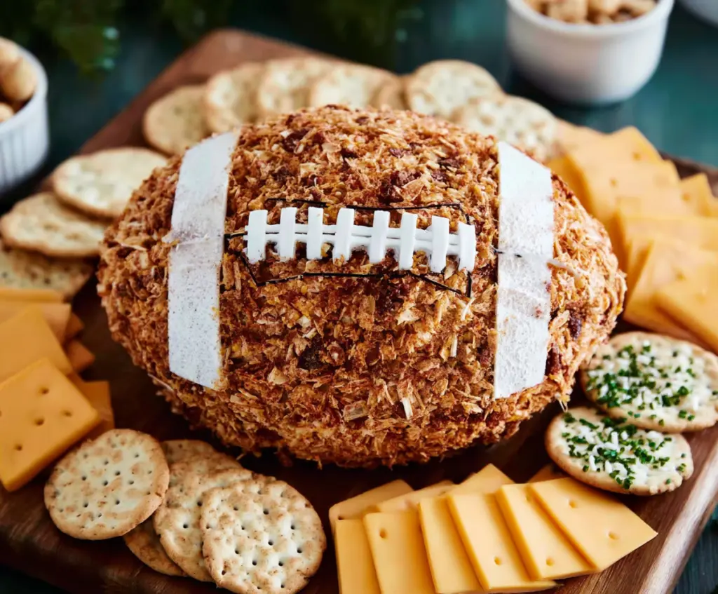 Delicious football-shaped cheese ball for game day snacking