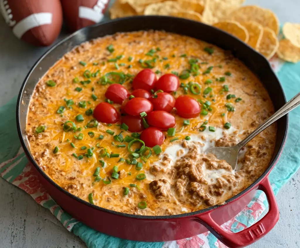 Delicious Football Dip Beef Recipe served with tortilla chips for game day snacking.