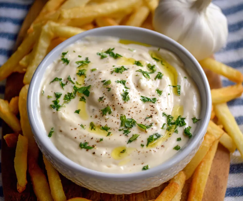 Creamy homemade garlic aioli sauce in a small bowl, perfect for dipping or spreading