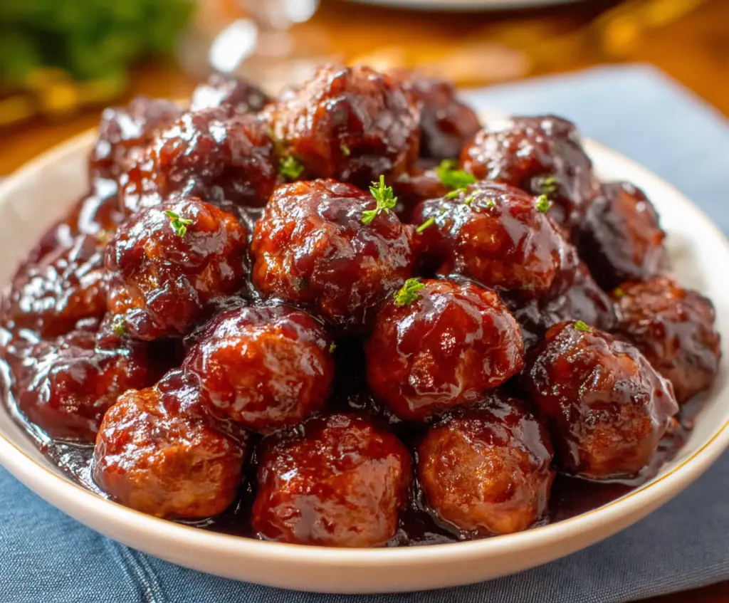 Delicious grape jelly meatballs served on a white plate, perfect appetizer for parties.