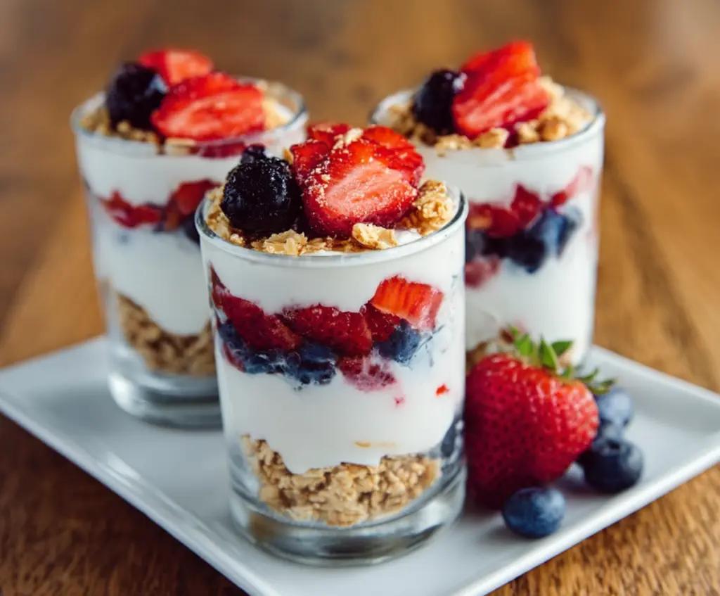 Creamy Greek yogurt berry parfait layered with fresh strawberries blueberries and raspberries in a clear glass