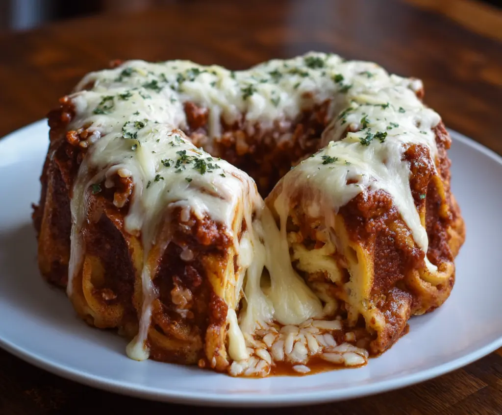 Delicious heart-shaped lasagna bundt fresh out of the oven, showcasing layers of cheese and pasta.