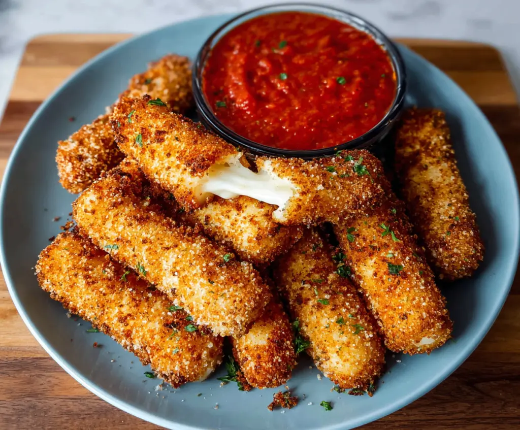 Golden crispy homemade mozzarella sticks with melted cheese inside, perfect for snacks.