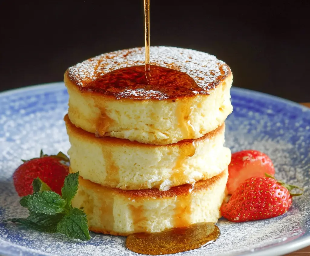 Delicious fluffy Japanese soufflé pancakes stacked high, topped with fresh berries and powdered sugar.
