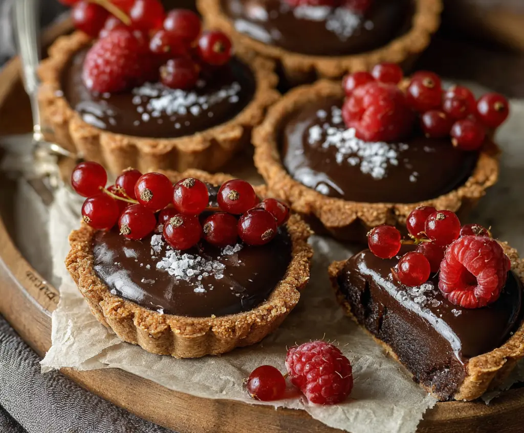 Delicious mini chocolate tarts topped with rich ganache, perfect for dessert lovers.