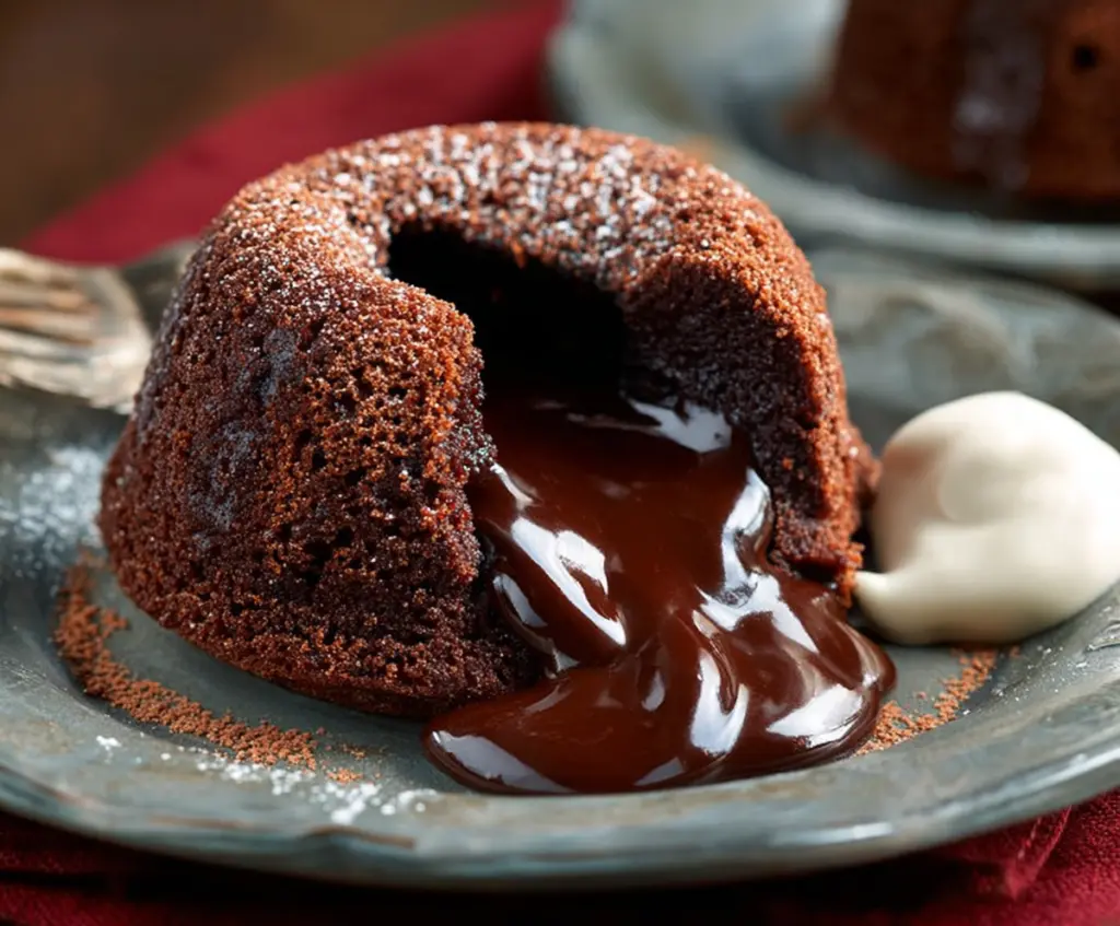 Delicious molten chocolate lava cake with a gooey, molten center served with powdered sugar on top.