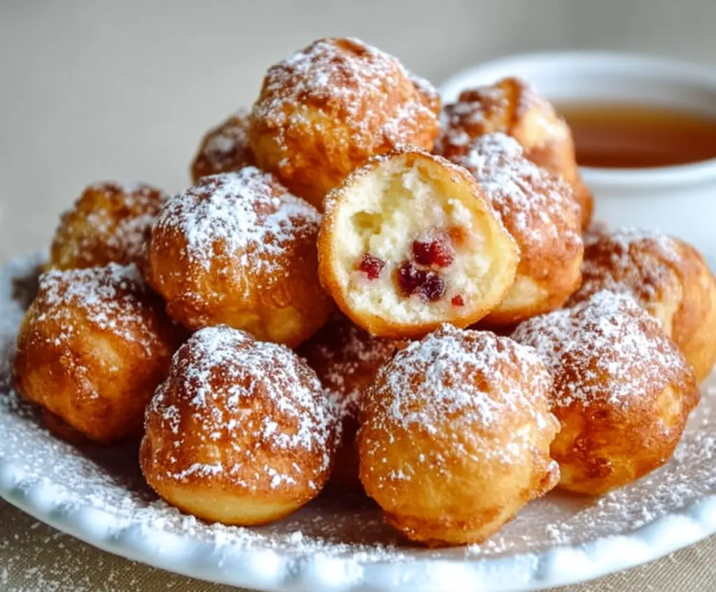 Delicious pancake poppers with syrup and fresh berries on a plate