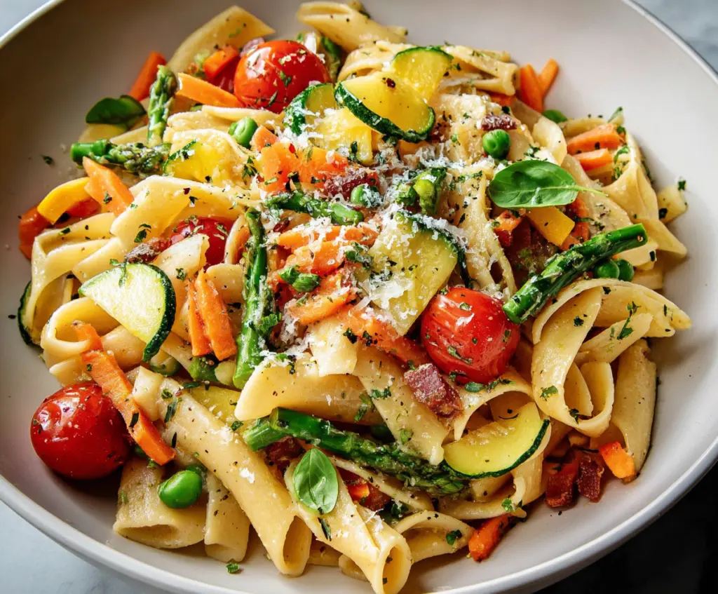 Colorful Pasta Primavera with fresh vegetables and herbs served on a white plate.