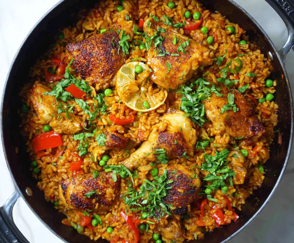 Delicious Peri Peri Chicken and Rice served on a white plate, garnished with fresh herbs, ideal for a flavorful one-pot meal.