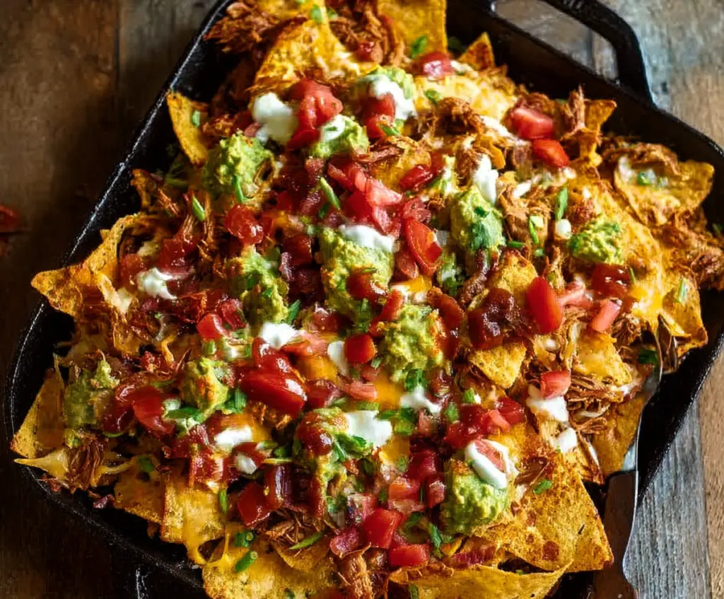 Delicious pulled pork nachos topped with melted cheese, jalapenos, and fresh cilantro, served on a wooden platter.