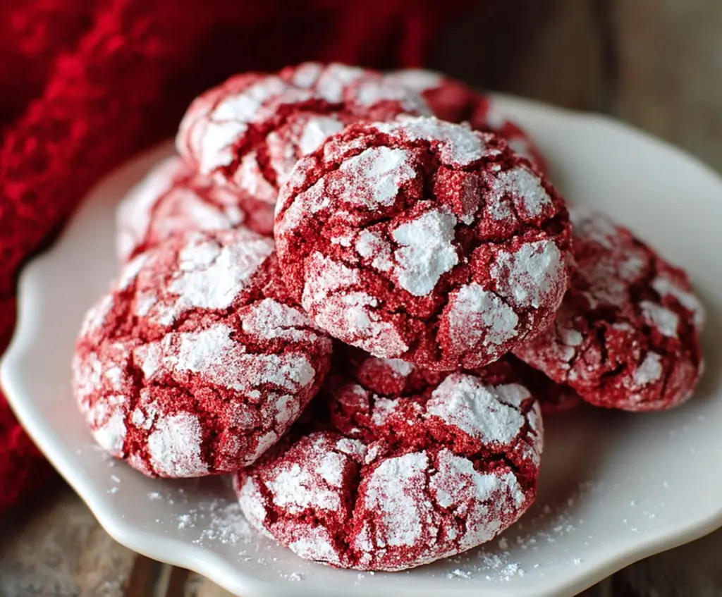Delicious red velvet crinkle cookies with powdered sugar dusting on a rustic plate
