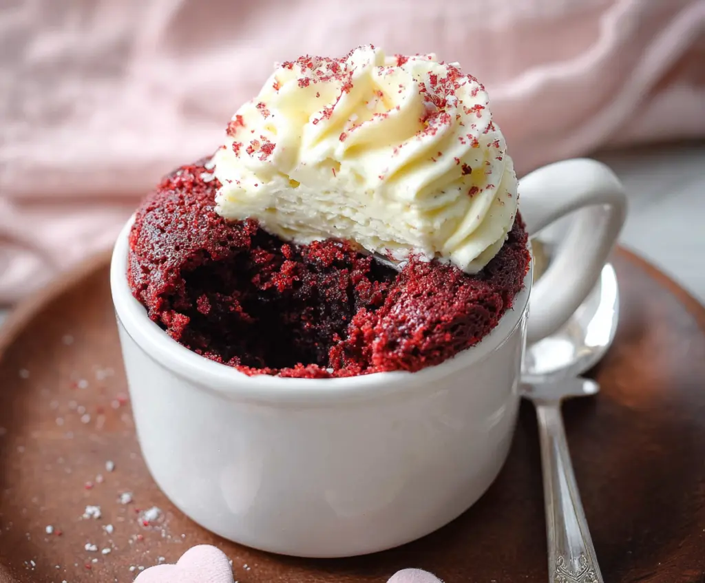 Delicious Red Velvet Mug Cake topped with cream cheese frosting in a cozy kitchen setting