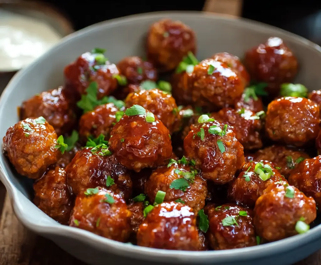 Delicious slow cooker honey buffalo meatballs served in a bowl, garnished with fresh herbs.