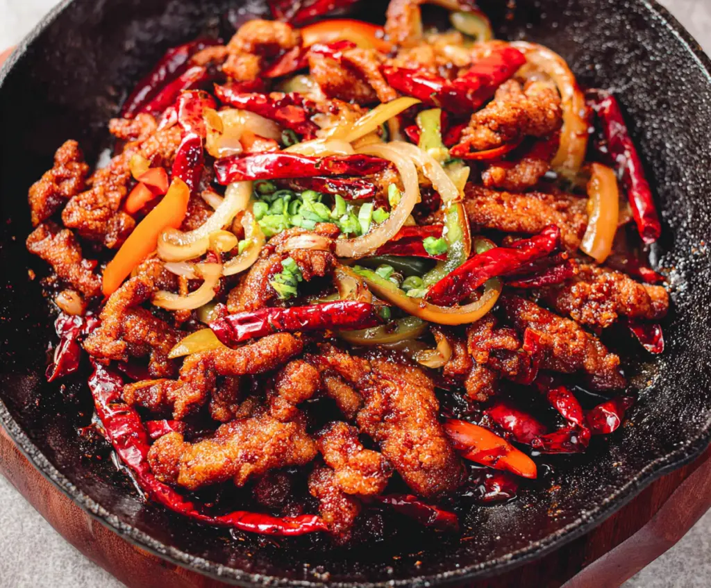 Close-up of spicy Dragon Chicken garnished with fresh herbs, showcasing crispy fried chicken chunks in a vibrant red spicy sauce.