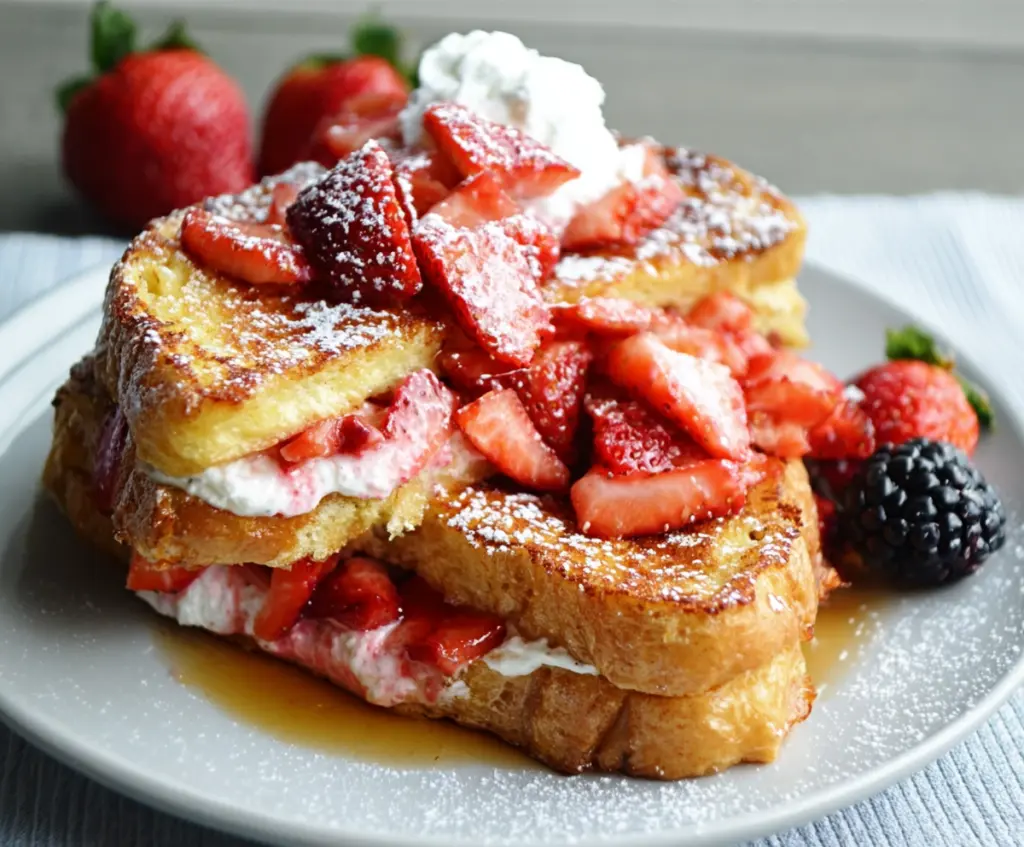 Delicious Strawberries and Cream French Toast topped with fresh strawberries and whipped cream for a sweet breakfast treat.