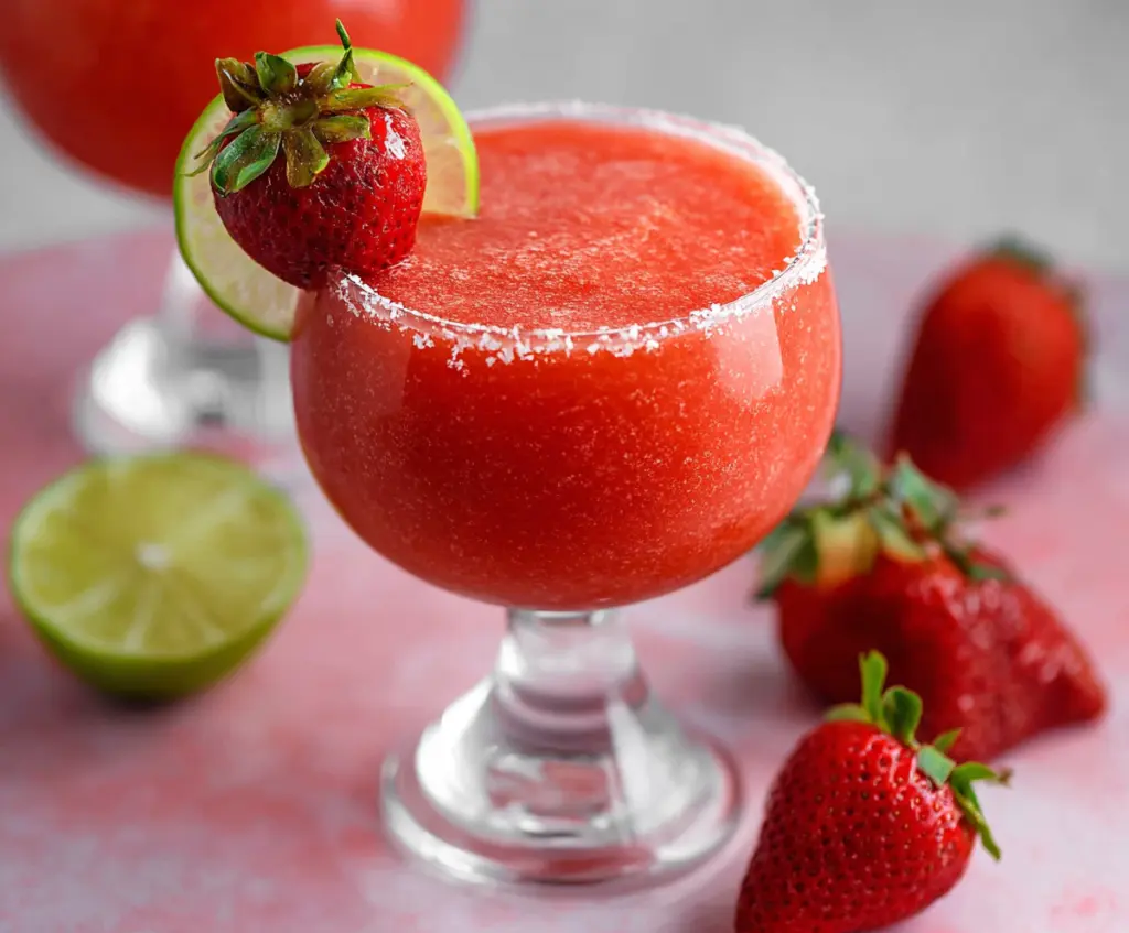 Refreshing strawberry daiquiri in a glass with fresh strawberries and mint garnish, perfect for summer drinks.