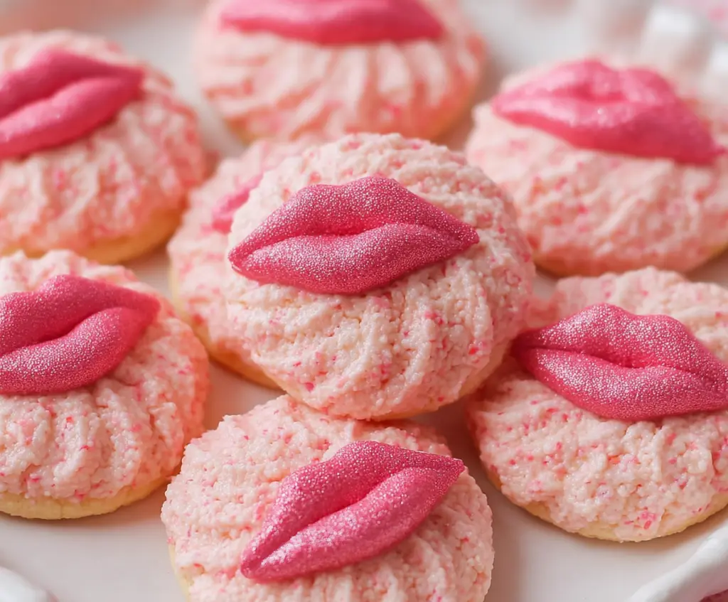 Delicious Strawberry Kiss Cookies with pink frosting and sprinkles on top.
