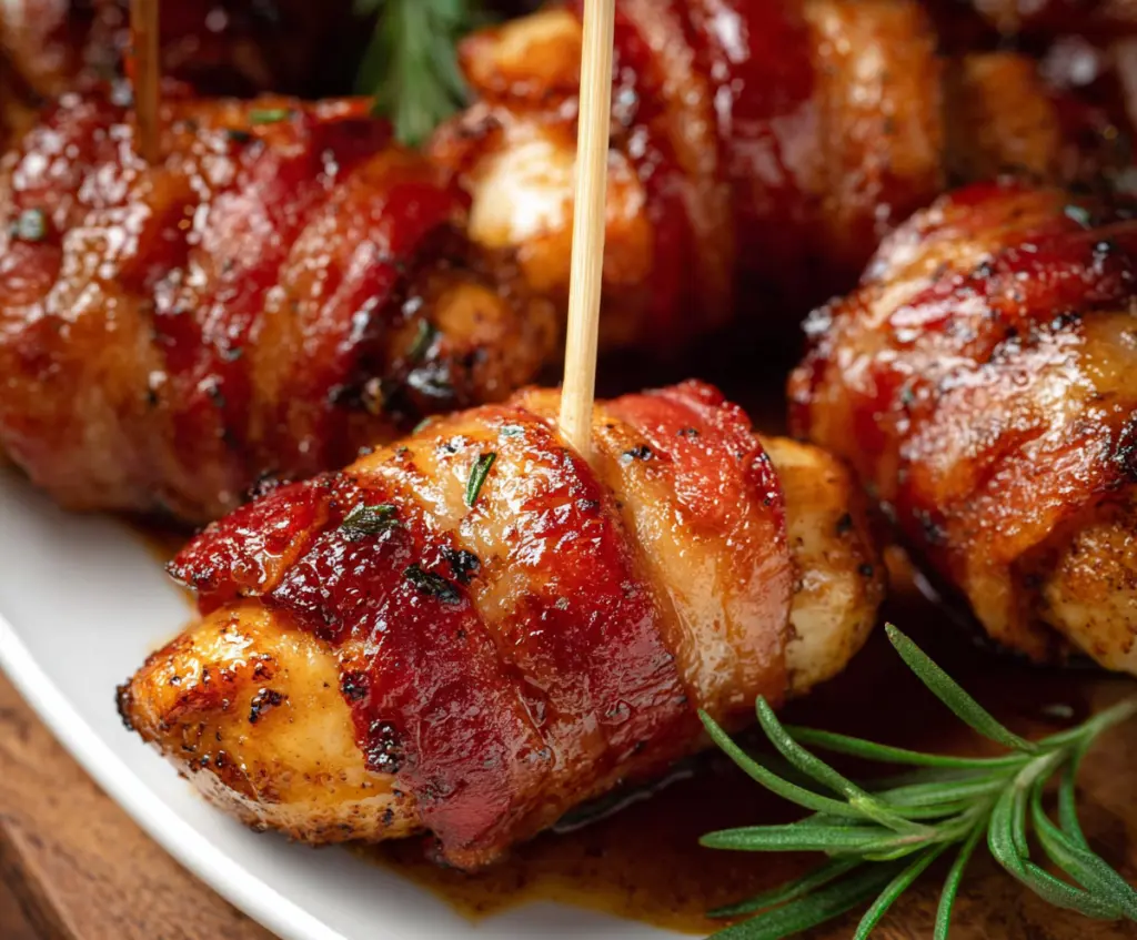 Delicious sweet chicken bacon wraps served on a plate, perfect for a savory snack or appetizer.