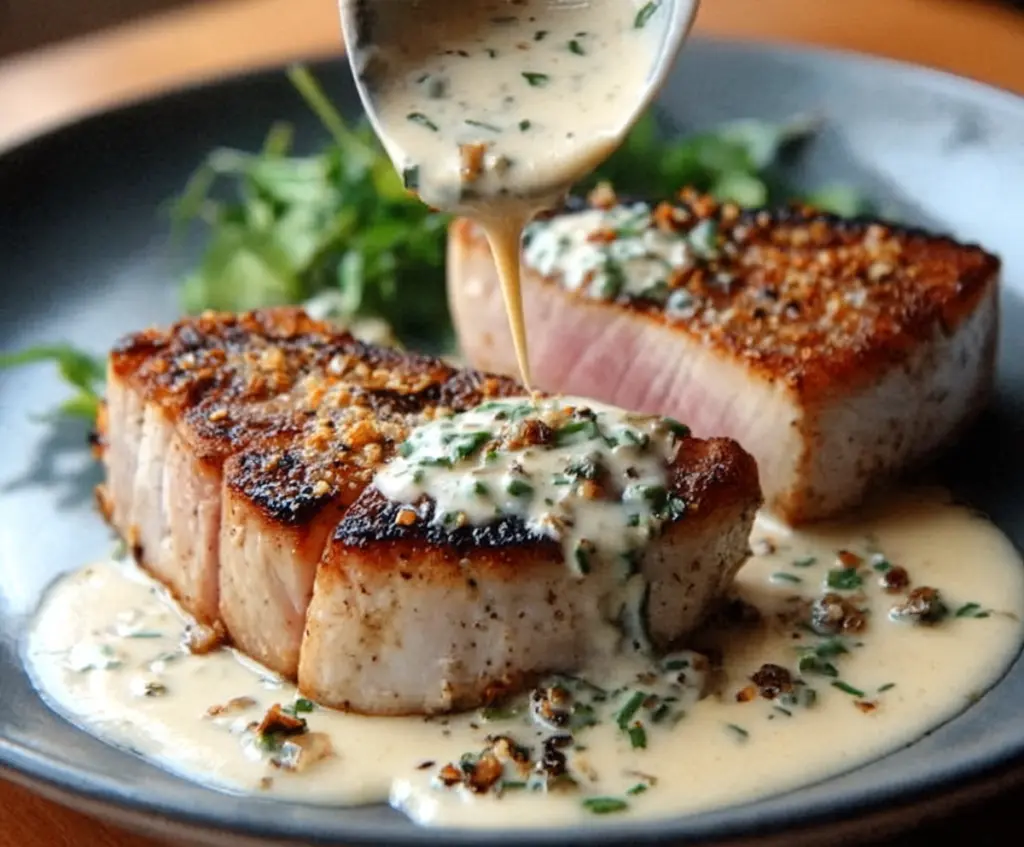 Tuna steaks topped with a rich and creamy garlic sauce on a white plate.