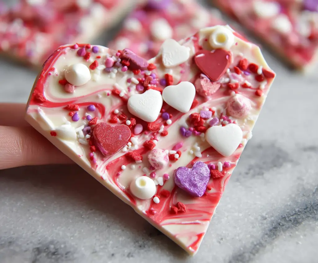 Delicious Vanilla Cherry Valentine Bark with vibrant cherry pieces and smooth vanilla coating.