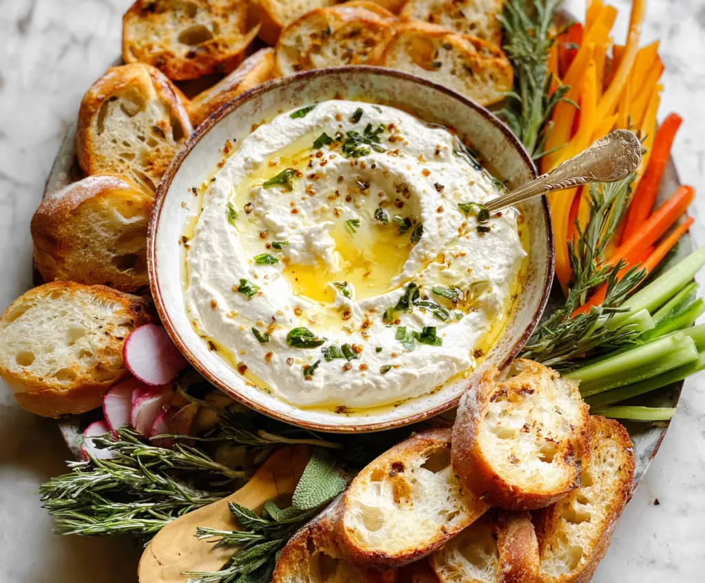 Creamy whipped ricotta dip drizzled with honey, perfect for appetizers and snacks.