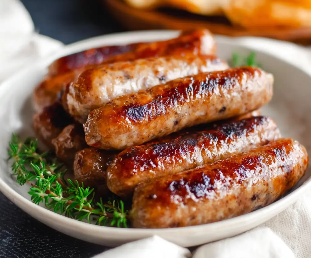 Golden brown air fryer sausage links served on a plate, perfect for a quick and delicious breakfast.