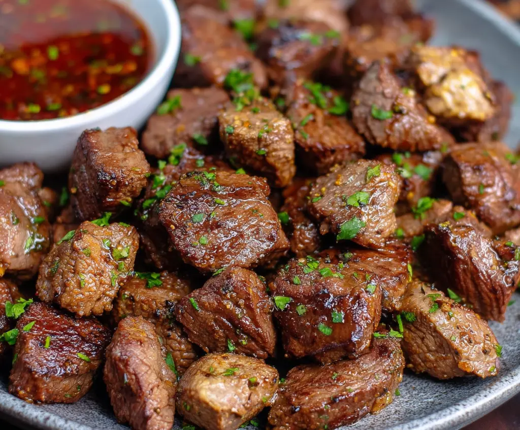 Juicy air fryer steak bites garnished with fresh herbs on a white plate.