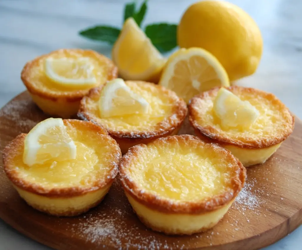 Delicious Baby Lemon Impossible Pie served on a white plate with fresh lemon slices, perfect for dessert.