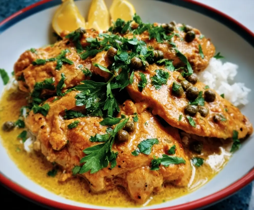 Delicious Back-Pocket Caper-Butter Chicken served on a plate with herbs and lemon slices.