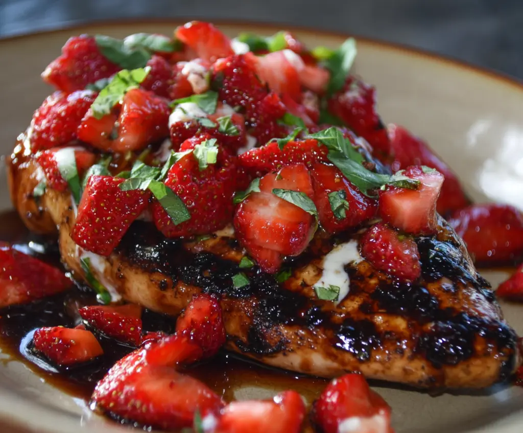 Delicious Balsamic Glazed Chicken served with fresh strawberries on a platter.
