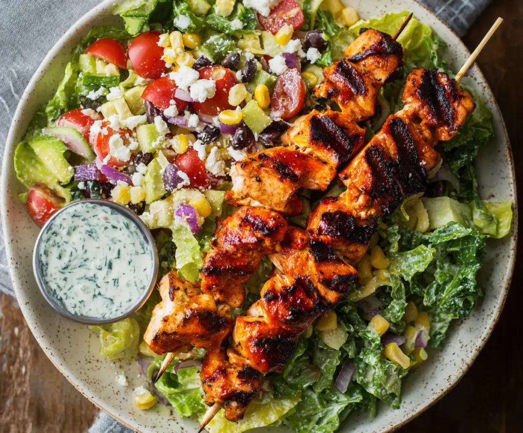 Grilled BBQ chicken skewers served on a fresh salad with colorful vegetables.