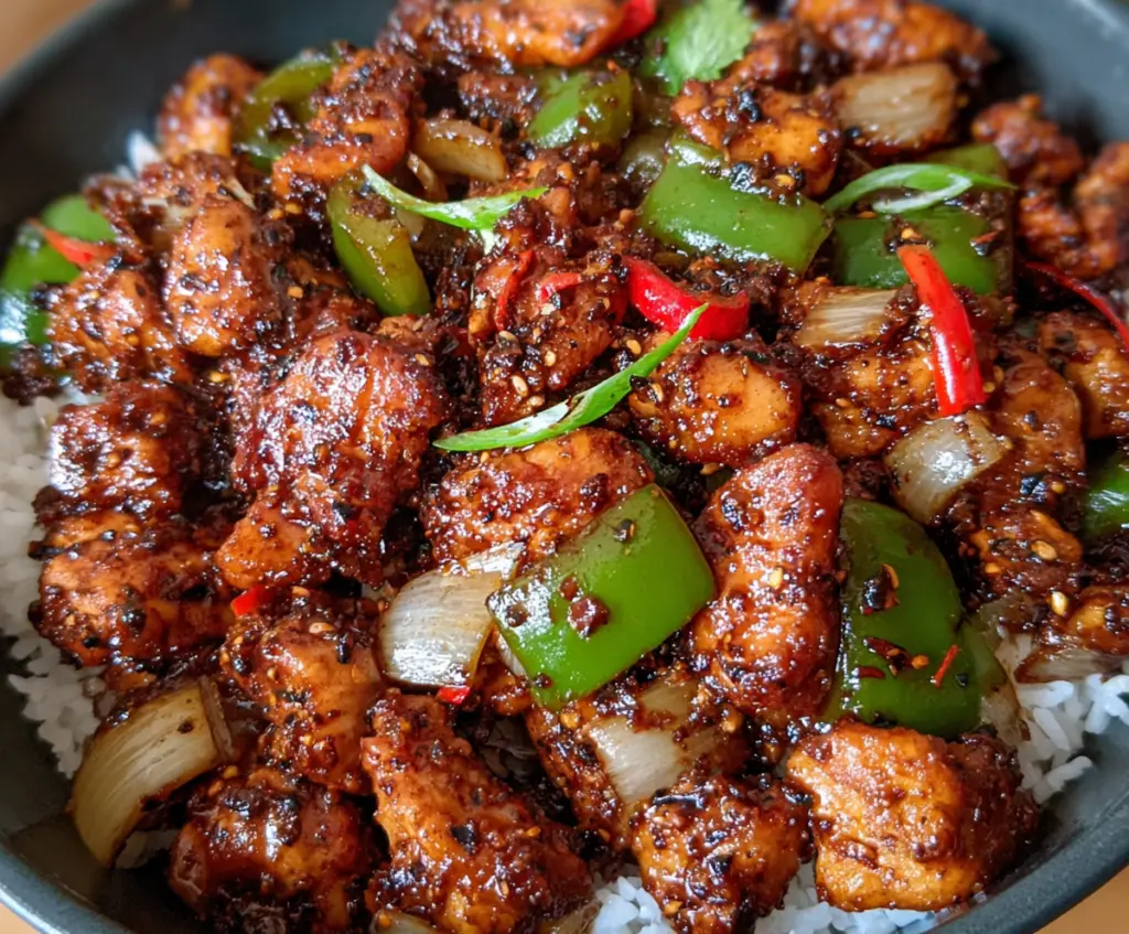 Delicious black pepper chicken stir-fry with fresh herbs and rice on a plate.