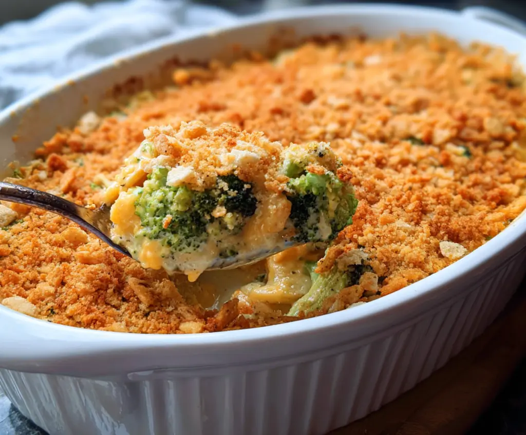 Delicious broccoli casserole topped with crispy Ritz crackers, perfect for family dinners.
