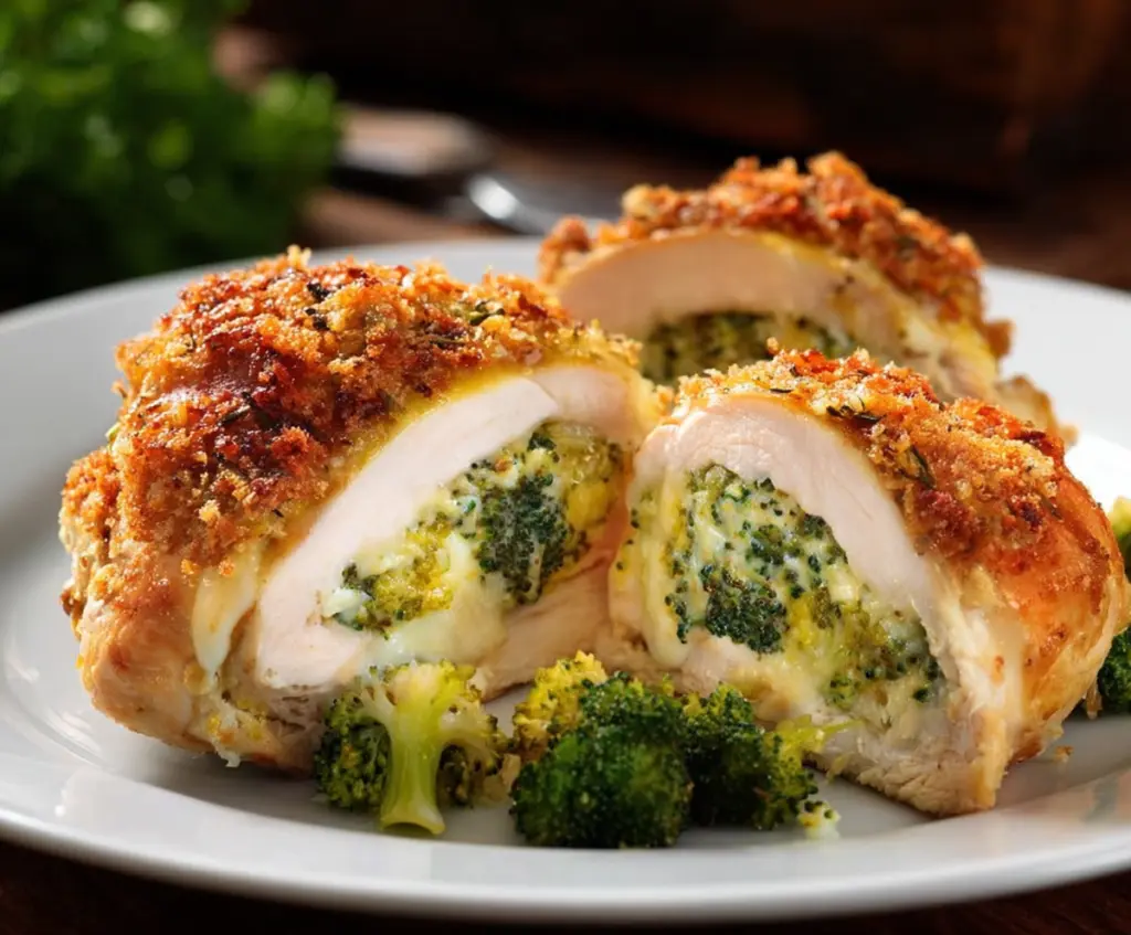 Delicious broccoli stuffed chicken breast served on a plate, showcasing a healthy and flavorful meal.