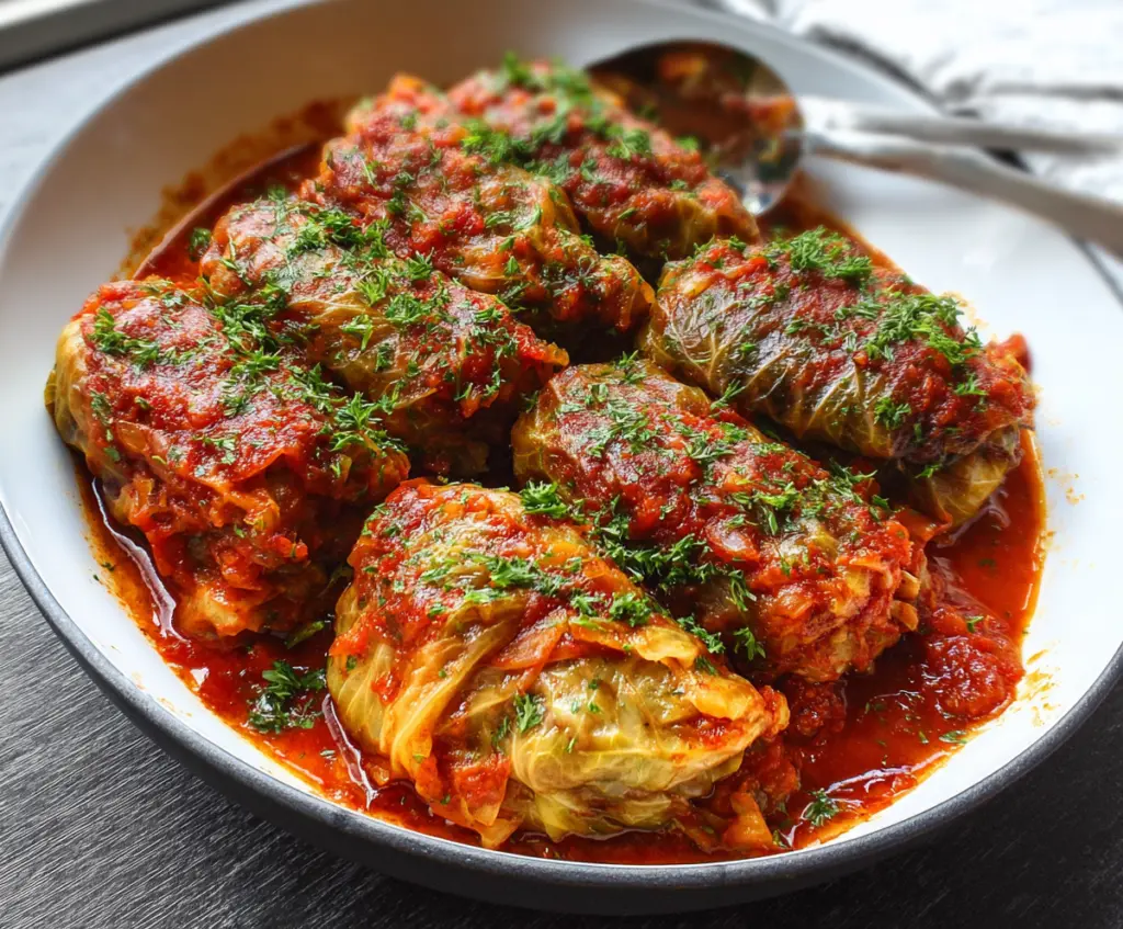 Delicious homemade cabbage rolls stuffed with flavorful beef and rice served on a plate.