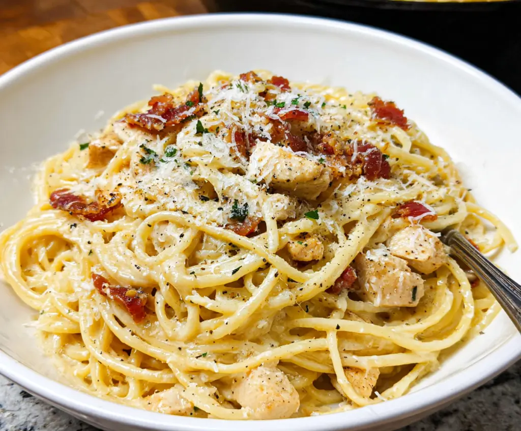 Creamy chicken carbonara pasta with crispy bacon and Parmesan cheese in a bowl.